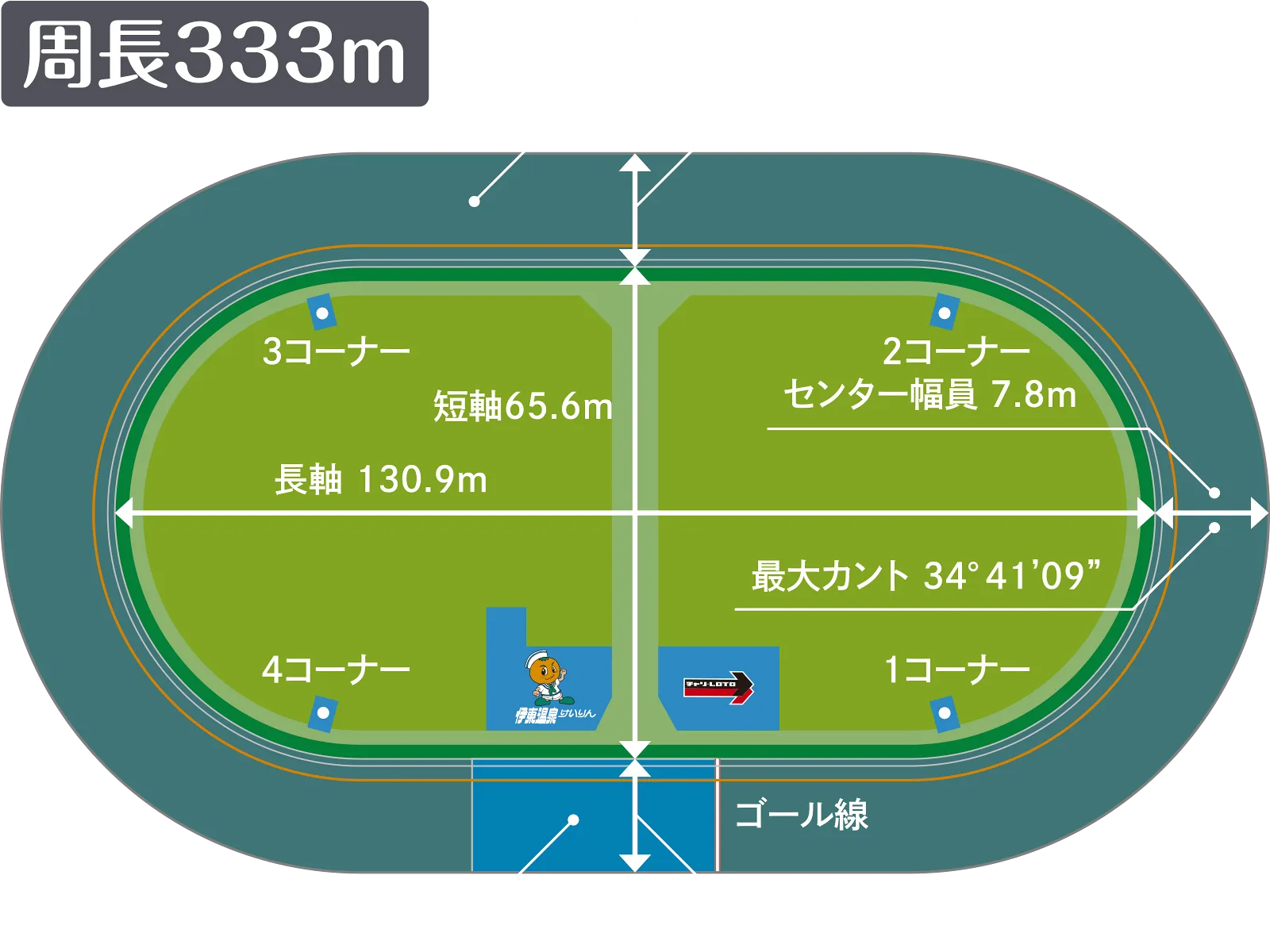 伊東温泉競輪場のバンク図。周長333m、長軸130.9m、短軸65.6m、センター幅員7.8m、最大カント34度41分09秒