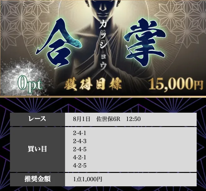 競輪修羅の無料予想「合掌」8/1 佐世保6Rの買い目。不的中となった予想画面