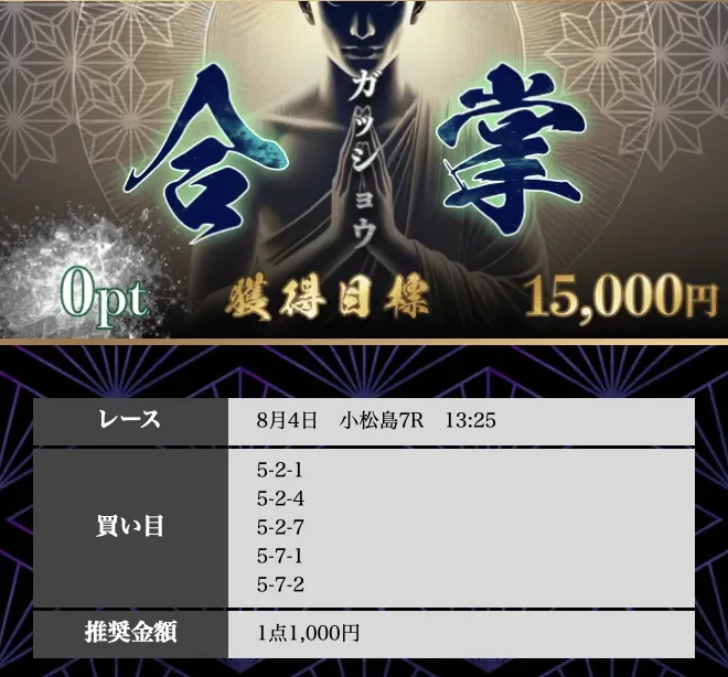競輪修羅の無料予想「合掌」8/4 小松島7Rの買い目。3連単5点の予想画面