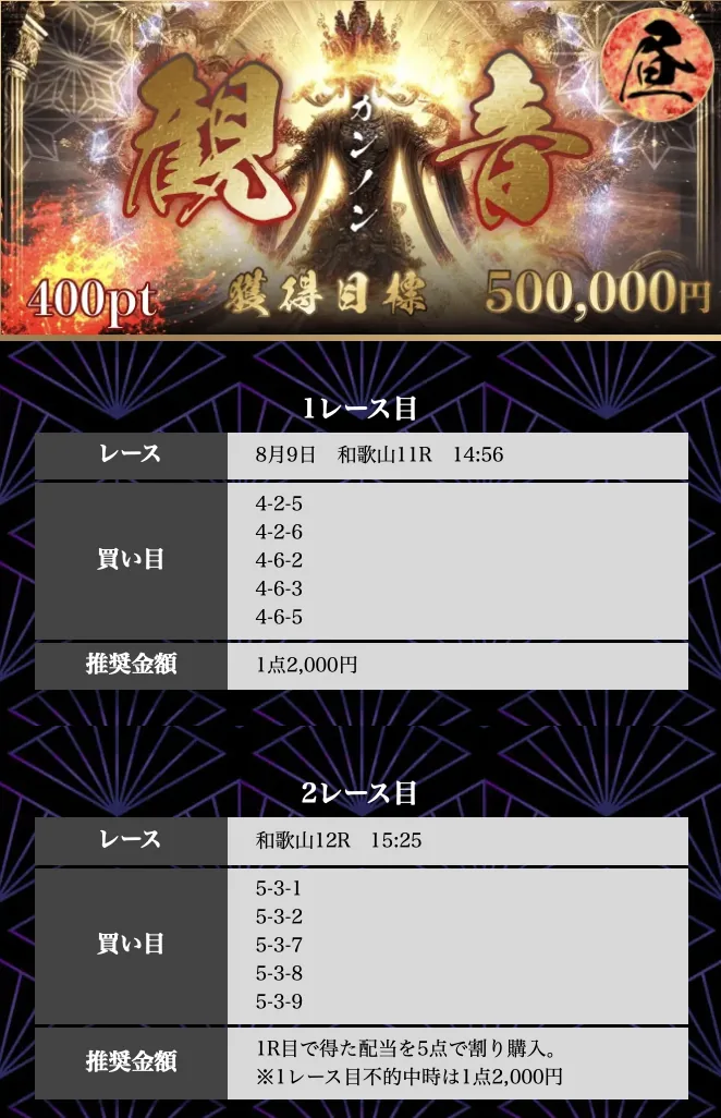観音Day 8/9 和歌山11R→和歌山12Rの買い目。転がし失敗となった競輪修羅の予想画面
